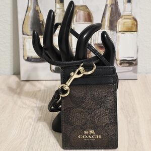 Coach Signature C Black Brown Lanyard ID Card Holder Authentic Neck Mini Wallet